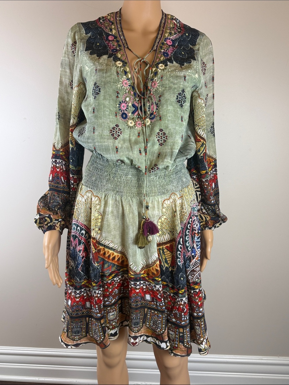 Camilla Silk Smocked Waist Embellished Mini Dress NWOT